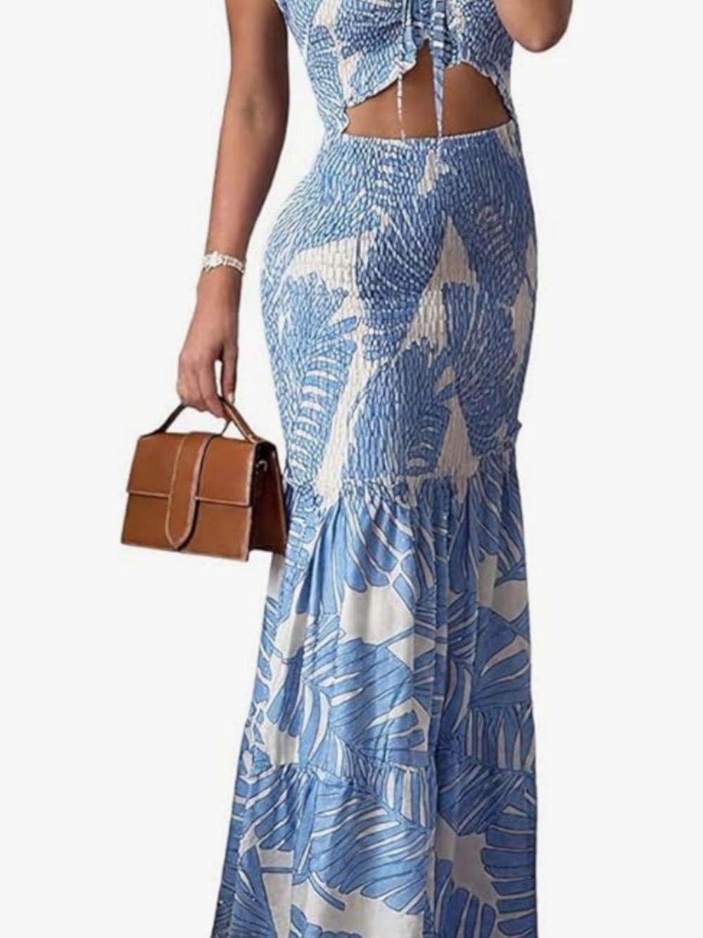 Blue and White Strapless Leaf-Print Maxi Dress